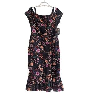 Guess Floral Midi Dress Womens 14 Black Excellent Ruffle Hem Mermaid GDLN3585
